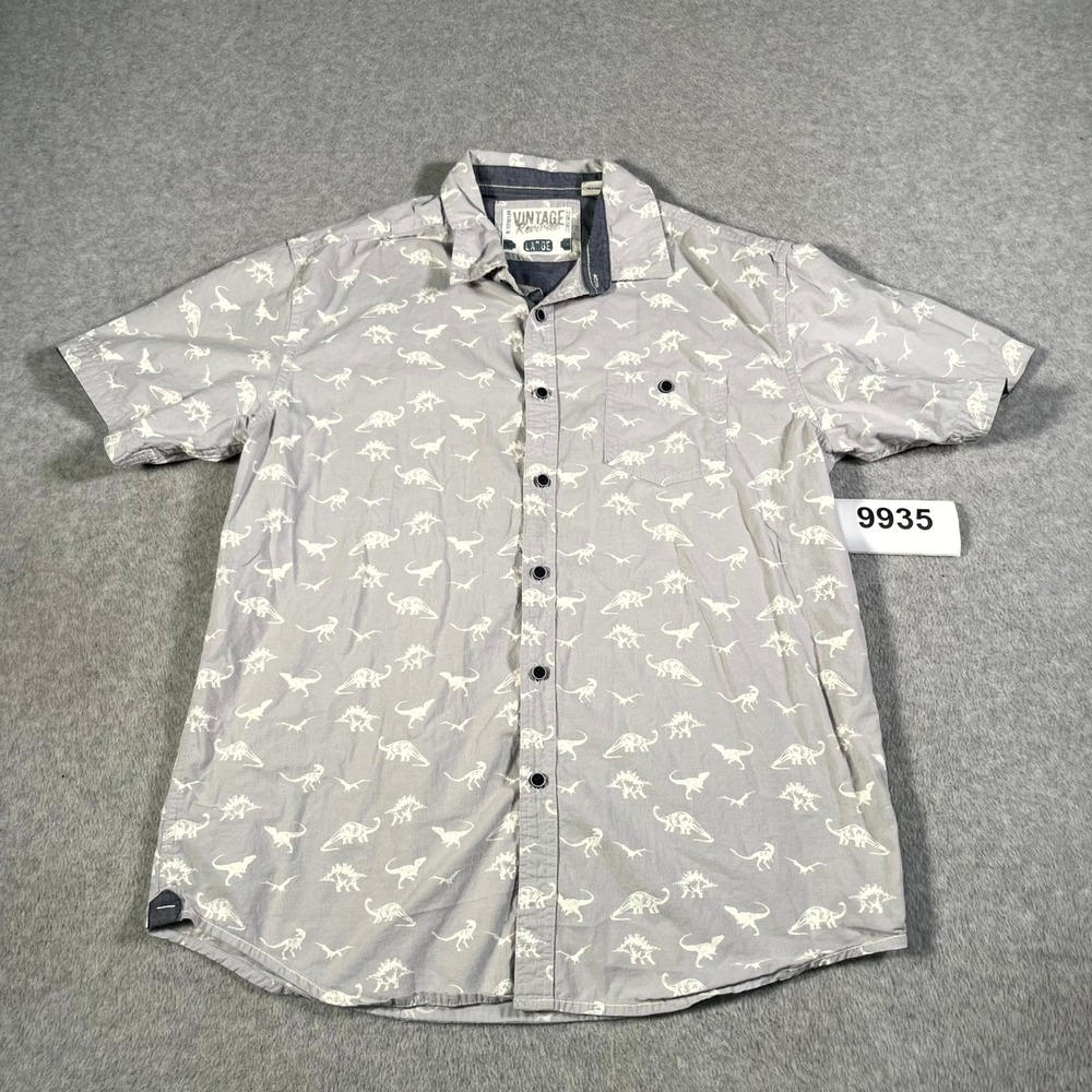 Vintage Revival Shirt Mens Large Gray White Dinosaur Cotton Casual Button Up